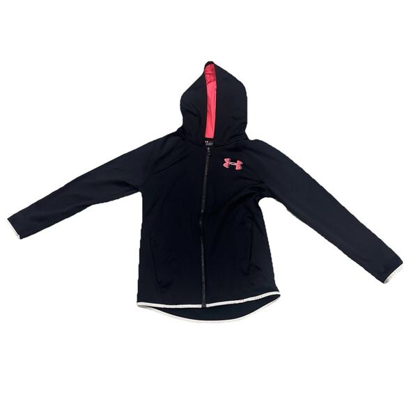 Under Armour Girls Xl Youth Cold Gear Black And Pink Full Loose Full Zip Hoodie - Picture 1 of 5